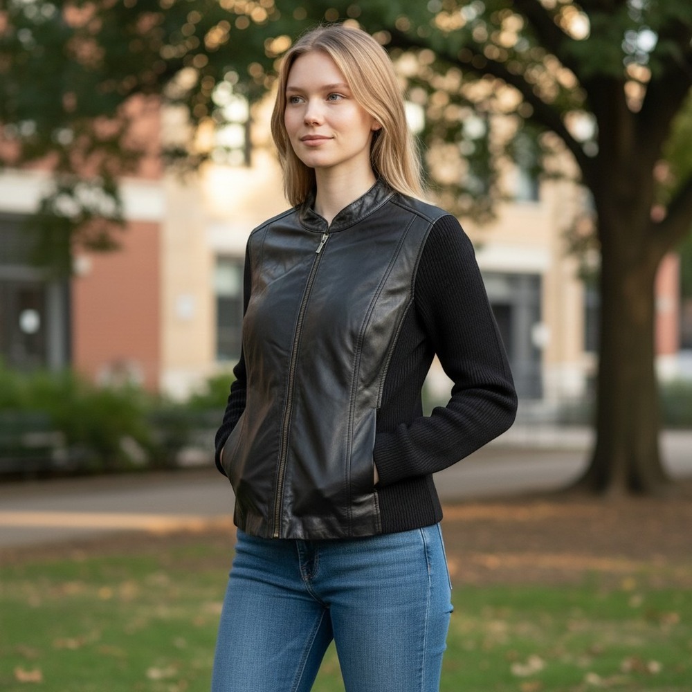 Jaclyn Smith Jacket Womens XL Black Leather Knit Mixed Media Moto Zip